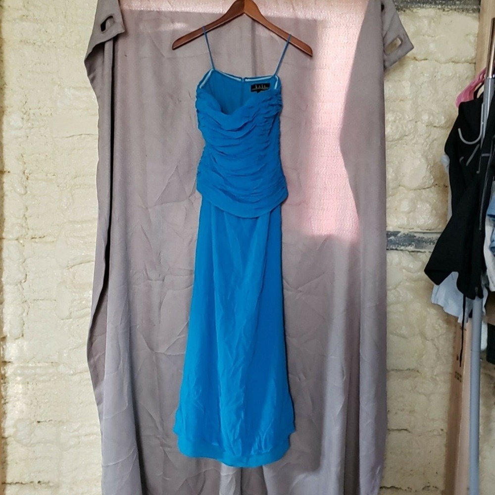 Nicole Miller Dress Womens M Blue Solid Sleeveless Sweetheart Ruched Maxi Gown